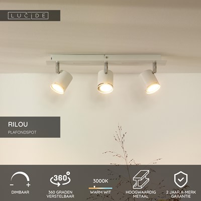 Lucide RILOU - Plafondspot - LED Dimb. - GU10 - 3x5W 3000K - Wit